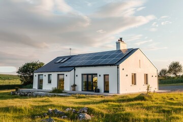 Obraz premium house with solar panels on the roof, white walls and black windows, green garden in front of it