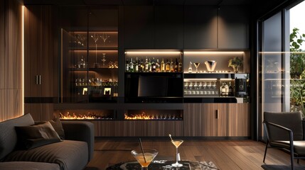 A modern lounge with a smart cocktail mixing station and a built-in fireplace