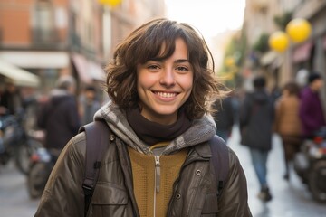 Fototapeta premium A woman with a backpack and a scarf on her neck is smiling in a busy street