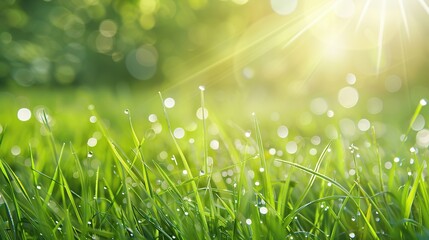 Obraz premium Abstract background with beautiful green grass and dew drops on the leaves, sunlight shining through the trees. Spring nature concept banner with vibrant greenery, fresh morning dew, and warm sunlight