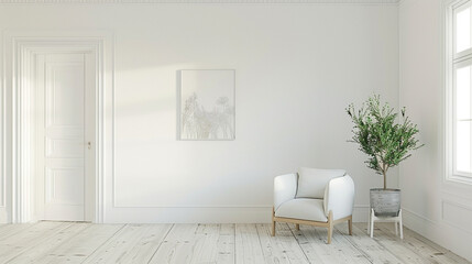 Fototapeta premium Interior design a living room interior with copy space, mock up poster, armchair, coffee table, lamp, vase with dried flowers and personal accessories. Template.