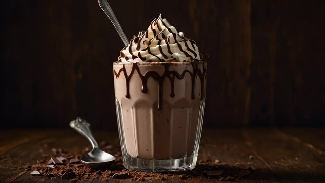 Chocolate milkshake topped with whipped cream and chocolate drizzle