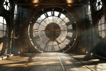 An empty stage set inside a giant clock tower, with enormous clock gears, a metal-grate floor, and shafts of light streaming through the clock face. 
