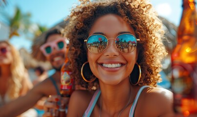 On a summer weekend day, a diverse group of millennial friends clink beer bottles in a celebratory toast at a rooftop bar/restaurant. Laughter fills the air as they enjoy happy hour on the terrace.
