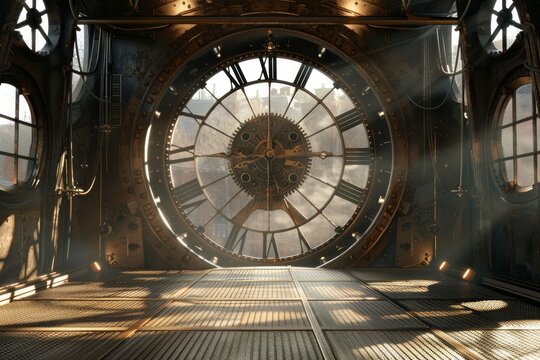 An empty stage set inside a giant clock tower, with enormous clock gears, a metal-grate floor, and shafts of light streaming through the clock face. 