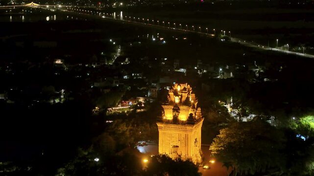 Aerial view of Nhan temple, tower is an artistic architectural work of Champa people in Tuy Hoa city, Phu Yen province, Vietnam. Sunset view. Travel and landscape concept