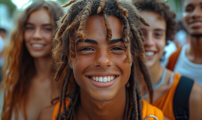 Fototapeta premium A diverse group of young friends, beaming at the camera, stand together on a vibrant city street. This photo captures the youthful spirit of the college campus community.