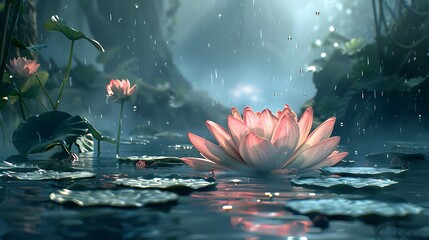 Delicate pink water lily blossoms in a misty forest pond bathed in the gentle rain. Ai generated