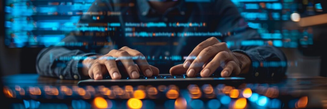 Man typing on a keyboard with a sequence of program codes running in the foreground.