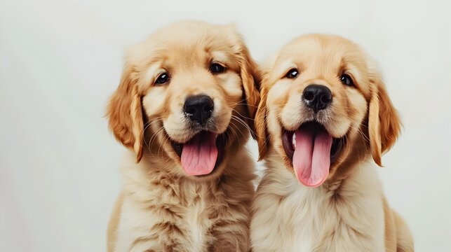 Two Playful Golden Retriever Puppies with Wide Grins on a White Background - Powered by Adobe