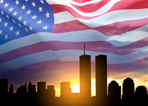 New York skyline silhouette with Twin Towers and USA flag