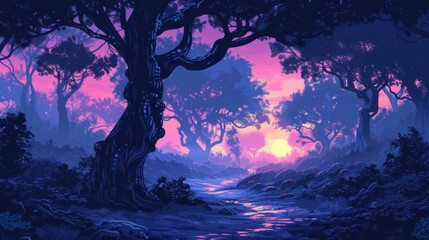 Obraz premium Mystical sunset in the heart of an enchanted forest