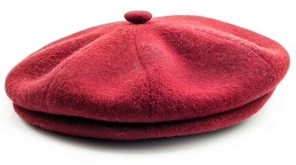 close up on red french beret prop accessory on white background