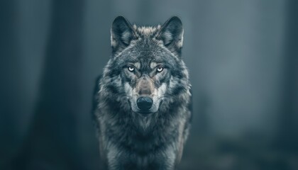 Close-up of a lone wolf in a misty forest, showcasing its intense gaze and majestic fur in a serene wilderness setting.