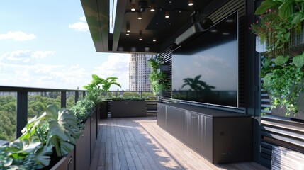 Fototapeta premium A sleek balcony with automated planters and a weather-resistant entertainment setup