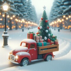 Closeup of a small vintage car with a Christmas tree on its roof on an artificial snow,