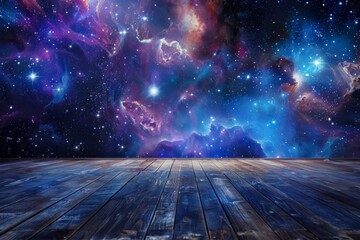 An empty stage suspended in a cosmic space scene, with swirling galaxies and distant stars forming a breathtaking backdrop 