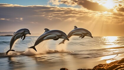Fototapeta premium Playful dolphins jumping in the ocean