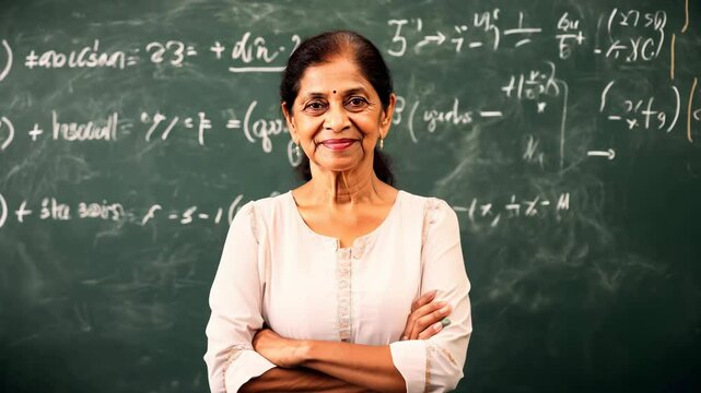 Confident Indian female math teacher smiling in front of chalkboard