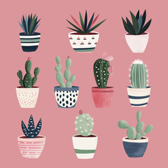 Minimalistic pale pastel illustration of various potted cacti and succulents