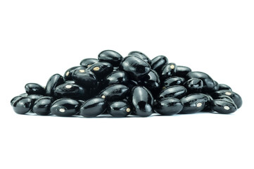 Heap of dry black beans or black turtle beans or black gram isolated on white background with clipping path closed up. Dieting food concept. Full of plant-based protein, dietary fiber and antioxidants