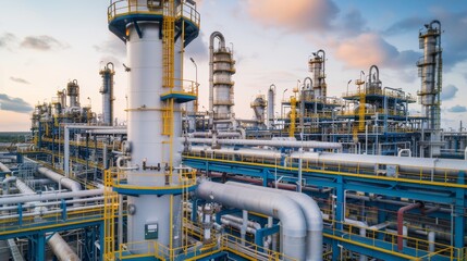 Aerial view of a large petrochemical complex, showcasing extensive infrastructure and environmental impact, focus cover all object, deep dept of field