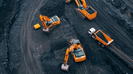 An aerial view of a coal mine, with giant excavators extracting resources, conveyor belts in motion, and trucks transporting coal, showcasing the vastness of industrial mining
