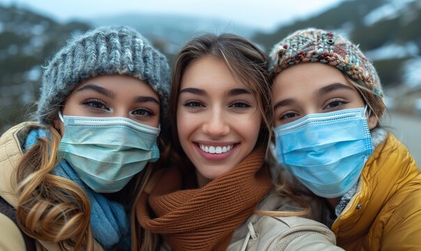 Young friends from diverse cultures, wearing protective face masks, smile at the camera, embracing the new normal of friendship and having fun outdoors, creating a bright and vibrant atmosphere.