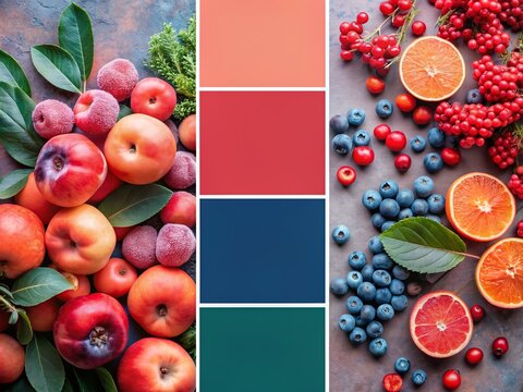 Vibrant color palette illustration featuring 2024's trendy shades, including bold corals, soft peaches, rich berry tones, and deep blues, on a modern vector background.