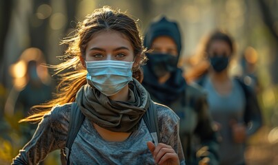 Obraz premium After lockdown reopening, multicultural people with open face masks run in the park, embodying the new normal lifestyle concept with young friends having outdoor fun.