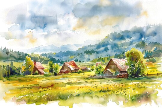Hand-Drawn Watercolor Illustration of Organic Farm Products in a Rural Landscape