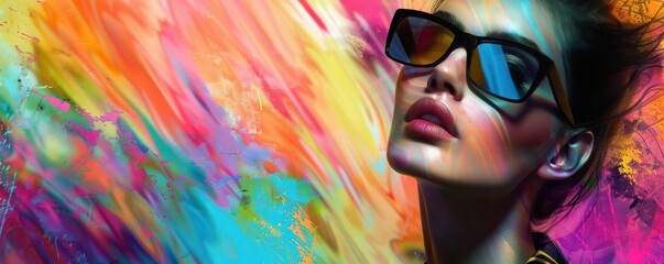 Glamorous woman in stylish sunglasses against vibrant abstract background. Free copy space for banner.