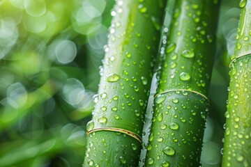 Bamboos covered in glistening dew drops. The elongated shape of the bamboos and the transparency of the droplets. 
