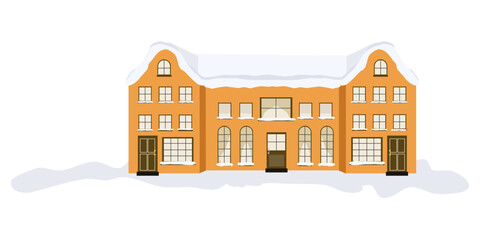 Cute cartoon Scandinavian houses with windows, curtains. All around snowdrifts. Snowy weather in winter town. Flat hand drawn vector illustration for social media, cards, banners, posters, wall decor