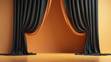 Elegant black and gold silk curtains with a warm orange background