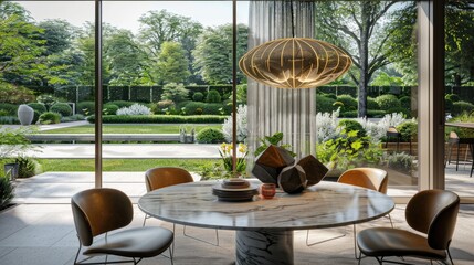 Fototapeta premium A contemporary dining area with a round marble table