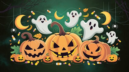 A fun Halloween scene with jack-o'-lanterns, ghosts, candy corn, and spooky elements against a dark background.