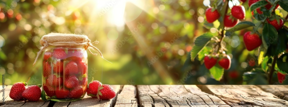 Wall mural Jar of fresh strawberries on wooden table with blurred strawberry plants background.