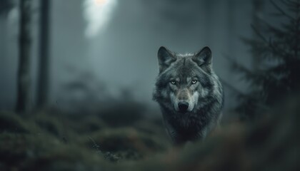 Majestic wolf in a misty forest, showcasing the beauty and mystery of wildlife in its natural habitat. Perfect for nature and animal lovers.