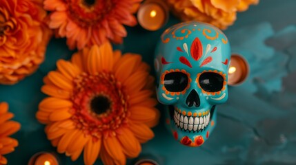 Blue sugar skull with orange and red floral designs next to gerbera daisies and candles