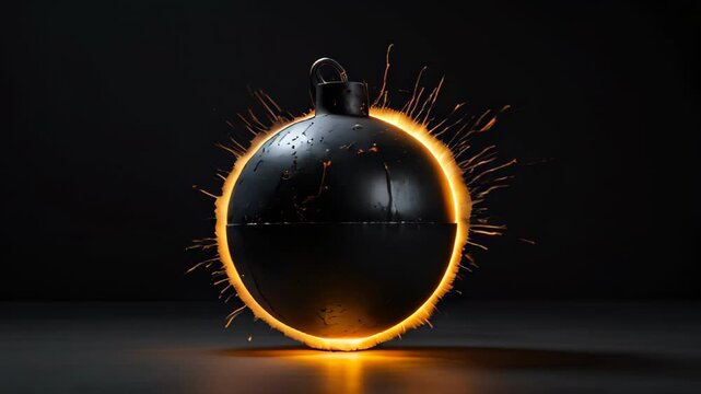 Round black bomb with lit fuse burning with sparks. Symbolizing fear, crisis, or dangerous violence. High quality 4k footage