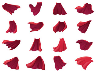 Cartoon superhero red cape. Different cloaks in active shapes, flying vibrant capes. Isolated elements for children, magic mantle nowaday vector set