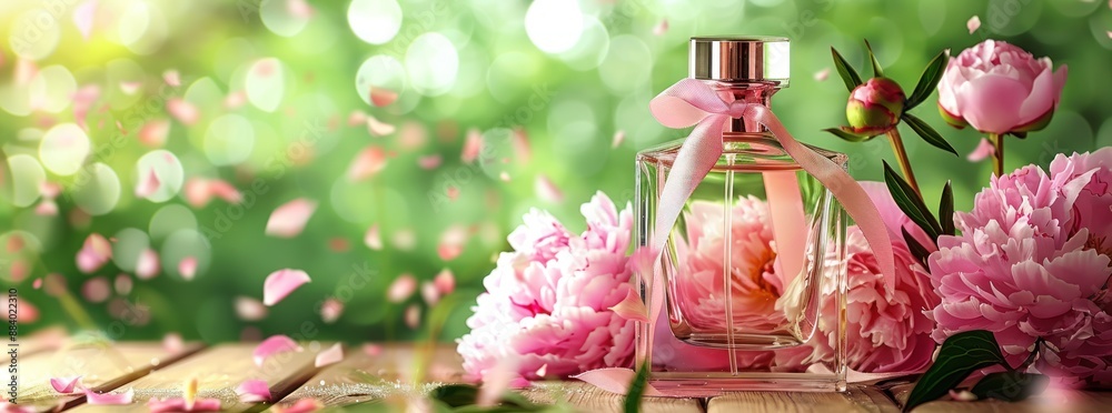 Poster Perfume bottle with pink peonies and petals.