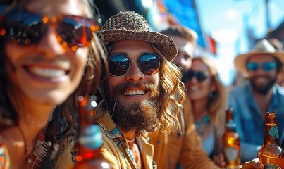 Millennial friends of diverse backgrounds celebrate together outside, toasting beer bottles in the city.