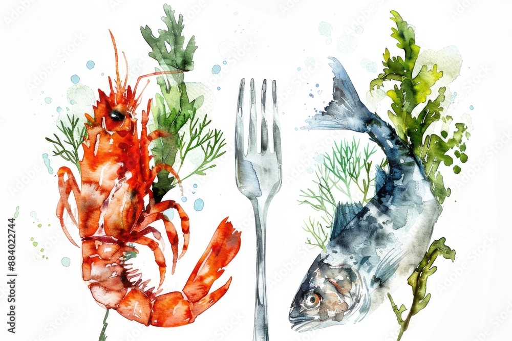 Canvas Prints Healthy Grilled Seafood Meal with Fresh Kelp and Raw Fish on Fork. Watercolor Illustration for Nourishing Diet