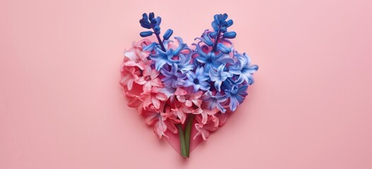 Pink and blue hyacinths arranged in a heart shape.