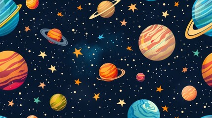 Colorful planets and stars in a seamless pattern on a dark blue background