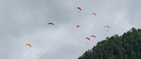 Group of paragliders soaring in the sky above a forested mountain on a cloudy day