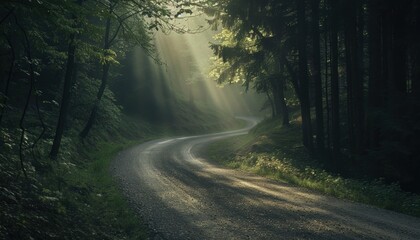 Serene forest road winding through lush green trees with ethereal sunlight breaking through branches, creating a peaceful and mystical atmosphere.