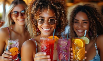 Happy young people celebrating a weekend event with their multiracial friends group outside a fancy bar terrace, toasting mojitos and enjoying cocktails while hanging out on their summer holiday.